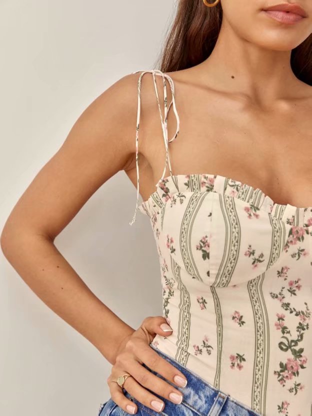 Chicdear 2023 French Summer Striped Flower Print Bandage Spaghetti Strap  Retro Sexy Women Lacing Up Sling Top  Vestido