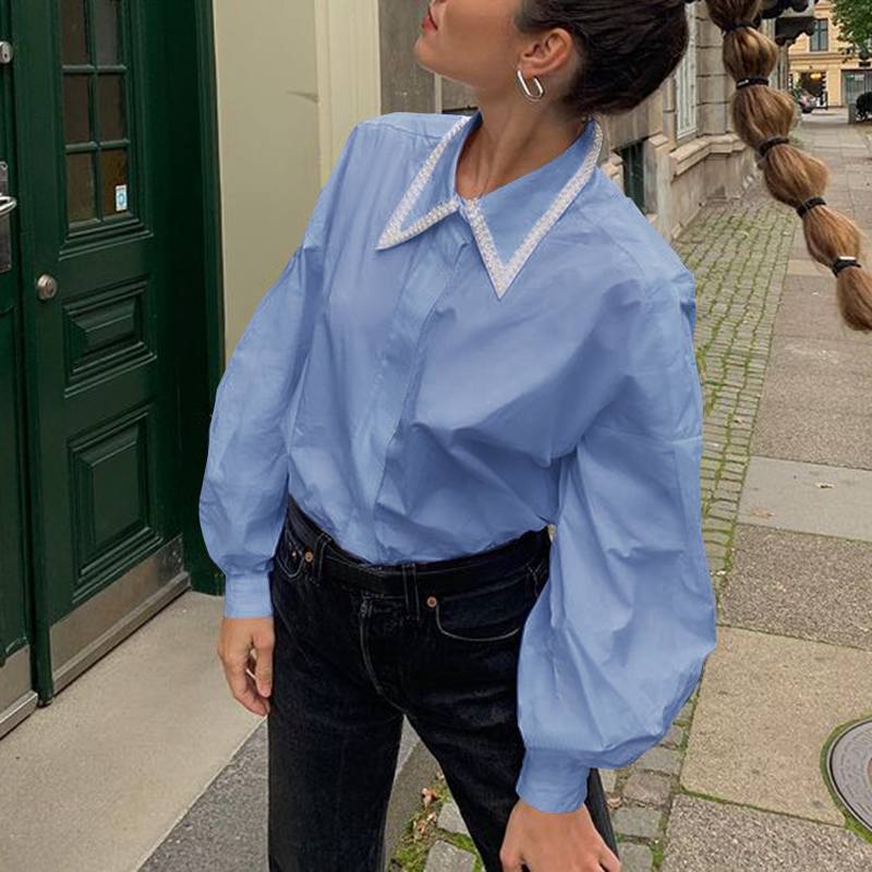 CHICDEAR Women's Top Fashion 2023 Autumn Lantern Sleeve Shirts Elegant Lapel Pearl Office Blouses Casual Loose Party Blusas Femme