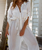 CHICDEAR 2023 Summer Casual White Tunic Beach Dress Summer Women Sexy Turn Down Collar Roll-Up Sleeve Side Split Long Dress Q717