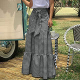 CHICDEAR Fashion Women Vintage Maxi Skirts High Waist Plaid Long Skirts Bohemian Casual Loose Belted Pleated Party Skirt Oversized