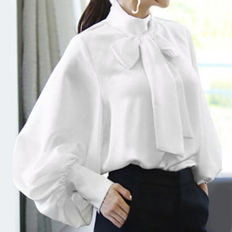 CHICDEAR Satin Blouse Womenfashion Tunics Tops 2023 Autumn Elegant Bow Tie Lantern Sleeve Belted Shirt Casual Slik Party Blusas