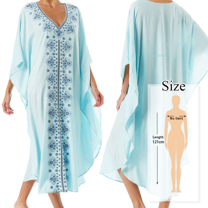 CHICDEAR Plus Size Women Clothes 2023 Summer Cloak Sleeve V-Neck Symmetrical Embroideried Loose Maxi Dress Oversized Kaftan Dress Q576