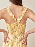 Chicdear Summer Top Spaghetti Strap Fashion Back Elastic Zipper Women Camis Vintage Yellow Tartan Floral Print Tank Top