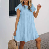 CHICDEAR Ruffled Solid Sundress Fashion Loose Short Sleeve 2023 Summer Mini Dress Streetwear Women Bohemian Casual Vestidos