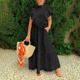 CHICDEAR Women 2023 Summer Sleeveless Maxi Dress Bohemian Fashion Ruffles Solid Long Dresses Casual Pockets Beach Vestidos Robe