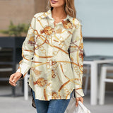 CHICDEAR Women 2023 Fashion Tops Casual Chain Printing Back Slit Long Shirts Long Sleeve Oversize Button Up Asymmetrical Blouses