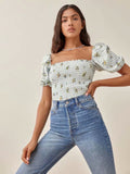 Chicdear Sexy Camis Square Collar Women Summer Top Fashion Elastic Crop Top Vintage Floral Print Blue Tank Top