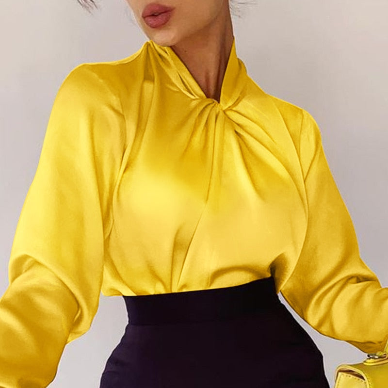 CHICDEAR Satin Blouses Women 2023 Elegant Twisted Collar Long Sleeve Shirts Fashion Solid Party Tunic Tops Streetwear Blusas Femme