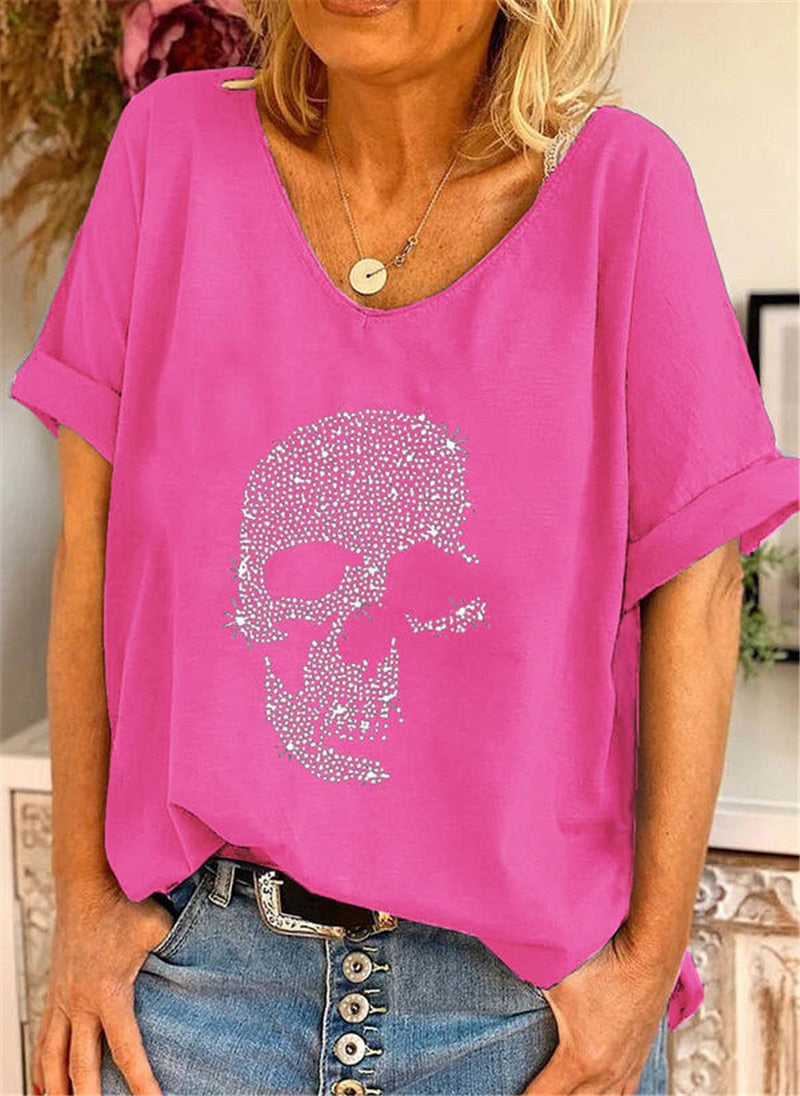 CHICDEAR Fashion Women Summer Skulls Print T-Shirts Patchwork Design V-Neck Short Sleeve Casual Loose Pullovers Top For Streetwear