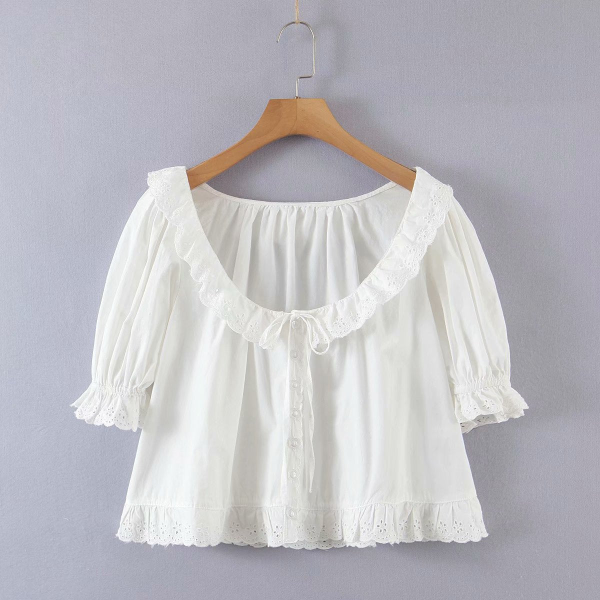 Chicdear Ruffles Trim V-Neck Women's Blouse Cotton Embroidery Hollow Out Lace-Up Ladies Short Puff Sleeve Sweet Shirt And Top 2023 Summer