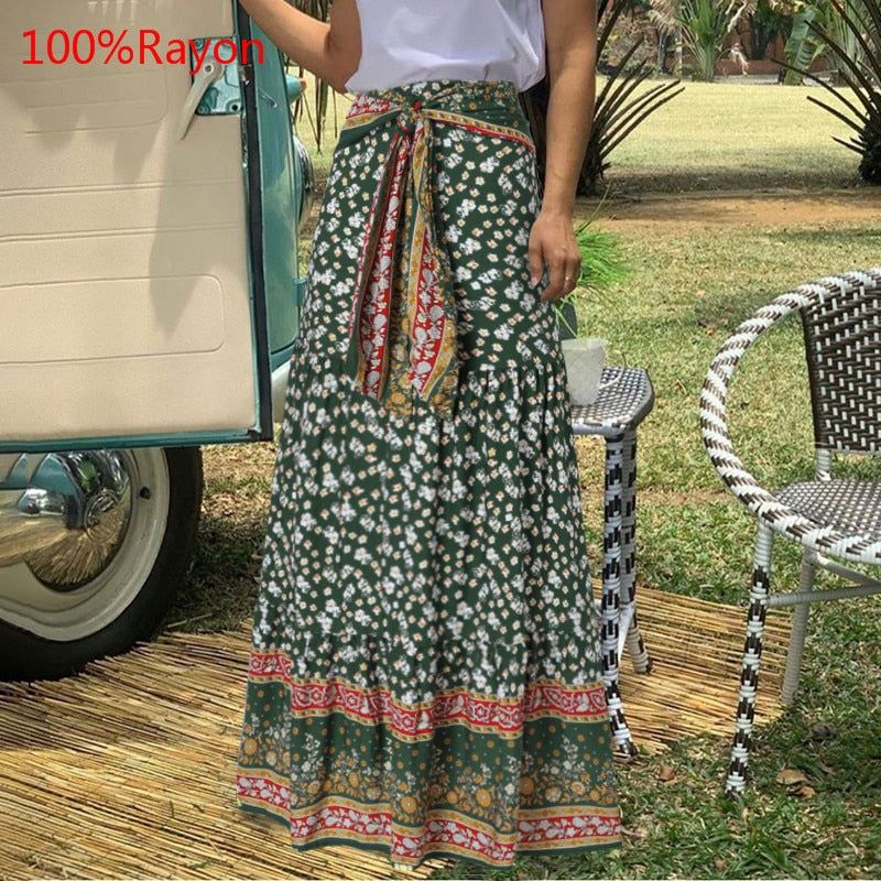 CHICDEAR Fashion Women Vintage Maxi Skirts High Waist Plaid Long Skirts Bohemian Casual Loose Belted Pleated Party Skirt Oversized