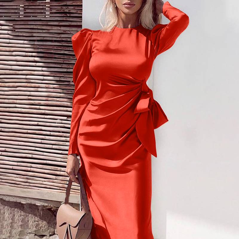 CHICDEAR 2023 Women Elegant Satin Dress Asymmetrical Long Sleeve Party Silk Midi Vestidos Hem Split Bandage Long Shirt Sundress