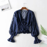 Chicdear Casual Cropped Blouse Shirt Sheer Autumn V-Neck Sexy Women Blouse Long Sleeve Holiday Female Ladies Tops 2023