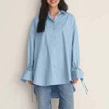 CHICDEAR Women Fashion Lapel Basic Blouse Long Sleeve Bandage Cuff Button Up Shirt 2023 Autumn Office Lady Asymmetrical Hem Tops