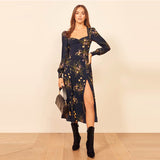 Chicdear Elegant Square Collar Floral Print Midi Dress Women Boho High Waist Long Sleeve Zip Party Dress