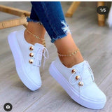Chicdear Fall Outfit 2023 Fall Ladies Casual Shoes Leather Lace Up White Women Mesh Sneakers Thick Soled Metal Decoration Breathable Female Flat