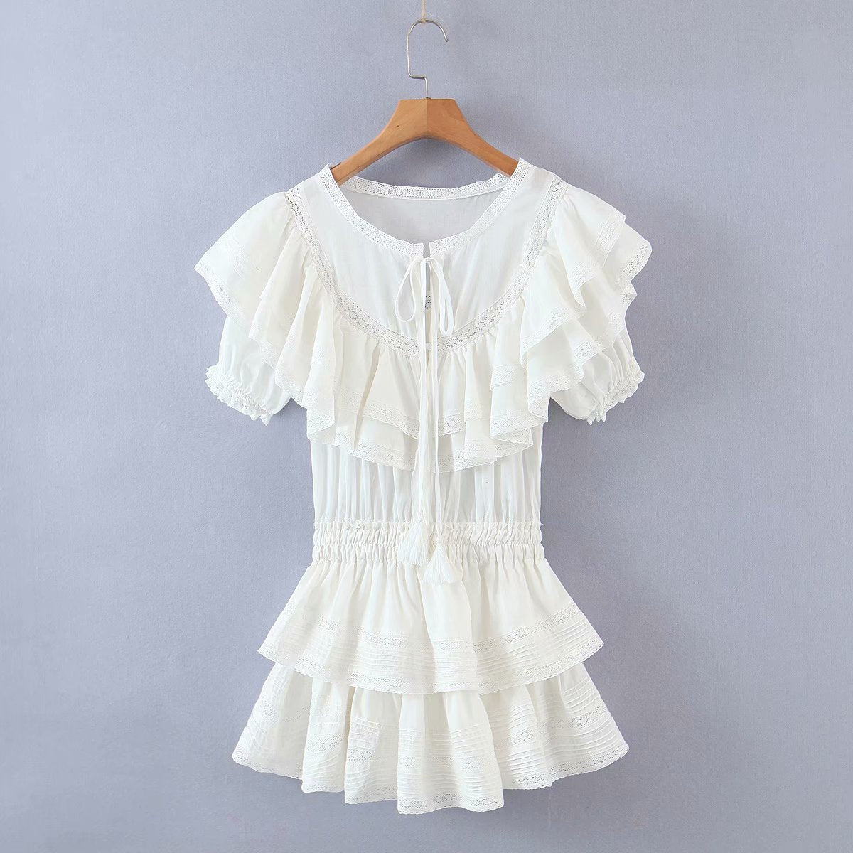 Chicdear Summer Women Mini Dress White Cotton Embroidery O Neck Hollow Out Party Dress Lace Short Sleeve Elegant Solid Vestidos