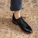 CHICDEAR Women Oxford Flats Spring/Autumn Shoes For Woman Genuine Leather Brogues Vintage Lace Up Loafers Casual Weave Black Girls Shoes