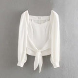 Chicdear Women Solid White Shirt Belt New Square Collar Long Puff Sleeve Temperament Casual Style Chic Fashion Autumn