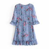 Chicdear Summer Fashion Dress O-Neck High Waist Ruffles Short Sleeves Floral Print Back Zipper Sling Mini Dress