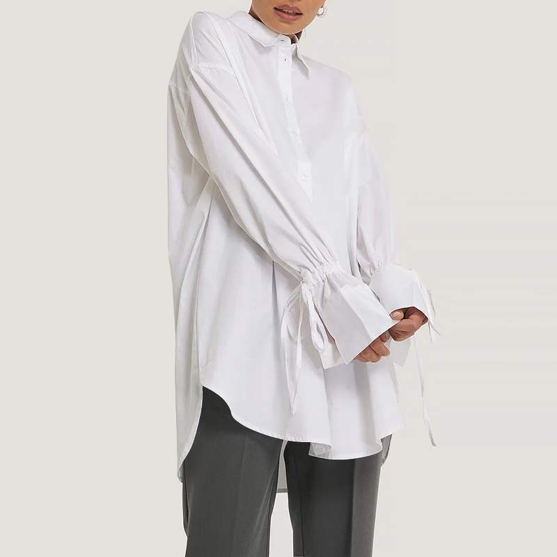 CHICDEAR Women Fashion Lapel Basic Blouse Long Sleeve Bandage Cuff Button Up Shirt 2023 Autumn Office Lady Asymmetrical Hem Tops