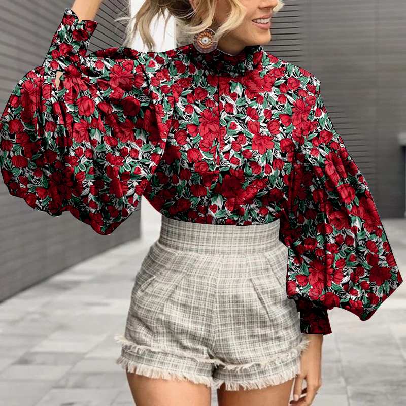 CHICDEAR Elegant Lantern Sleeve Shirts 2023 Autumn Women Fashion Stand Collar Floral Printed Bohemian Blusas Casual Tops OL Tunic