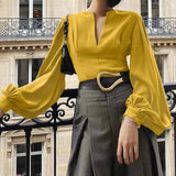 CHICDEAR Office Lady Elegant Shirts Femme Solid V-Neck Women Pleated Blouse 2023 Summer Lantern Sleeve Vintage Fashion Tunic Tops