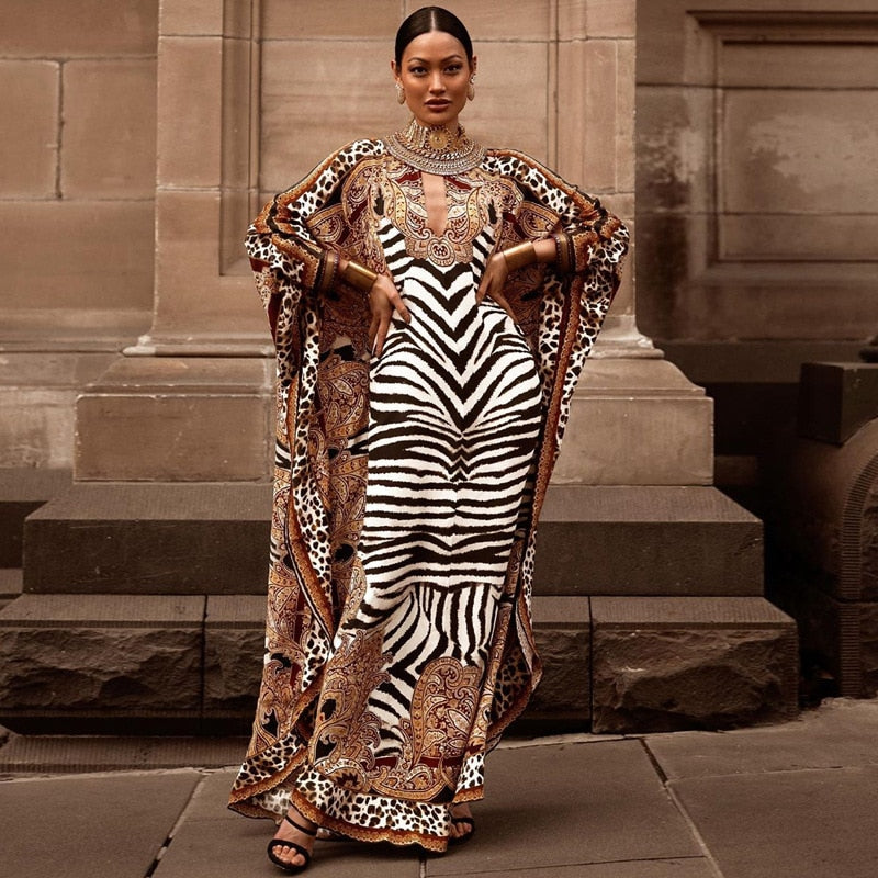 CHICDEAR Indie Folk Zabra Striped Pattern Patchwork Bathing Sleeve Maxi Dress For Women Clothes Plus Size Streetwear Moroccan Caftan A526