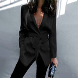 CHICDEAR Women Sexy Deep V Neck Suit Blazer 2024 Long Sleeve Blazer Elegant Bow Belted Lapel Collar Formal Blazer Coat Outerwear