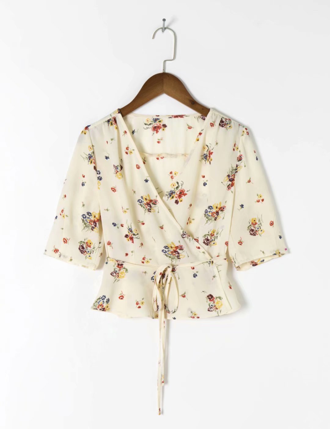 Chicdear Vintage Floral Print Women Shirt Elegant Summer Top With Sashes V Neck Short Sleeves Holiday Chiffon Shirt Femme Vestidos