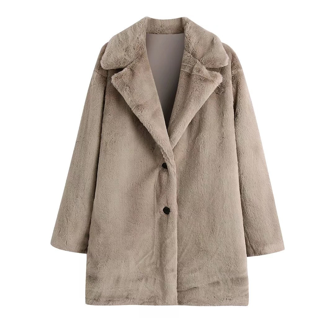 Chicdear Women Faux Fur Long Coat Autumn Winter Plush Warm Soft Outerwear Elegant Slim-Fit Lapel Overcoat Casual Button Jacket