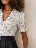 Chicdear Floral Print Shirt Female Lace Blouse V-Neck Notched New All-Match Gentle Fashion Short Sleeve Summer Top
