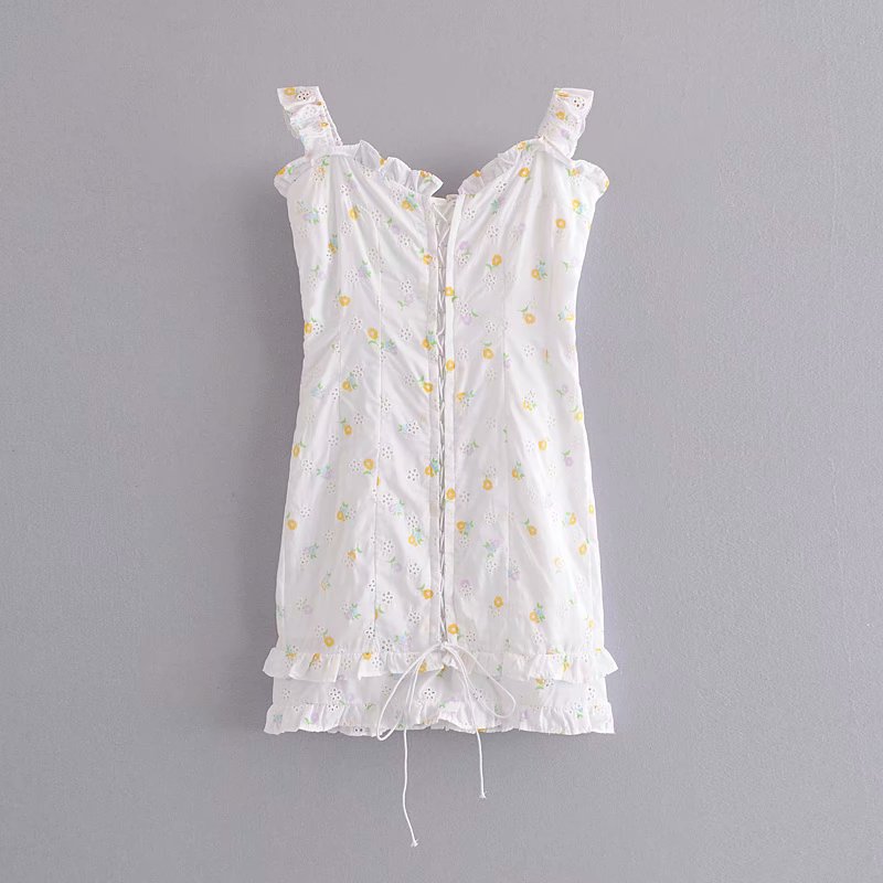 Chicdear Fashion Summer Dress Women Sleeveless Zipper Cotton Embroidery Backless Ruffles Lining White Mini Dress Femme Vestidos