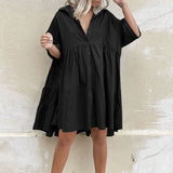 CHICDEAR Elegant Shirt Dress 2023 Summer Fashion Women's Sundress Short Sleeve Buttons Solid Ruffled Party Knee-Length Loose Robe