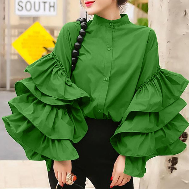 CHICDEAR 2023 Fashion Long Flare Sleeve Women Blouses Vintage Ruffled Party Shirts Casual Long Sleeve Tops Buttons Elegant Blusas