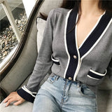 CHICDEAR Korean Version Of The V-Neck Small Fragrance Slim Short Slim Cardigan Sweater  Women's  Jacket Outer