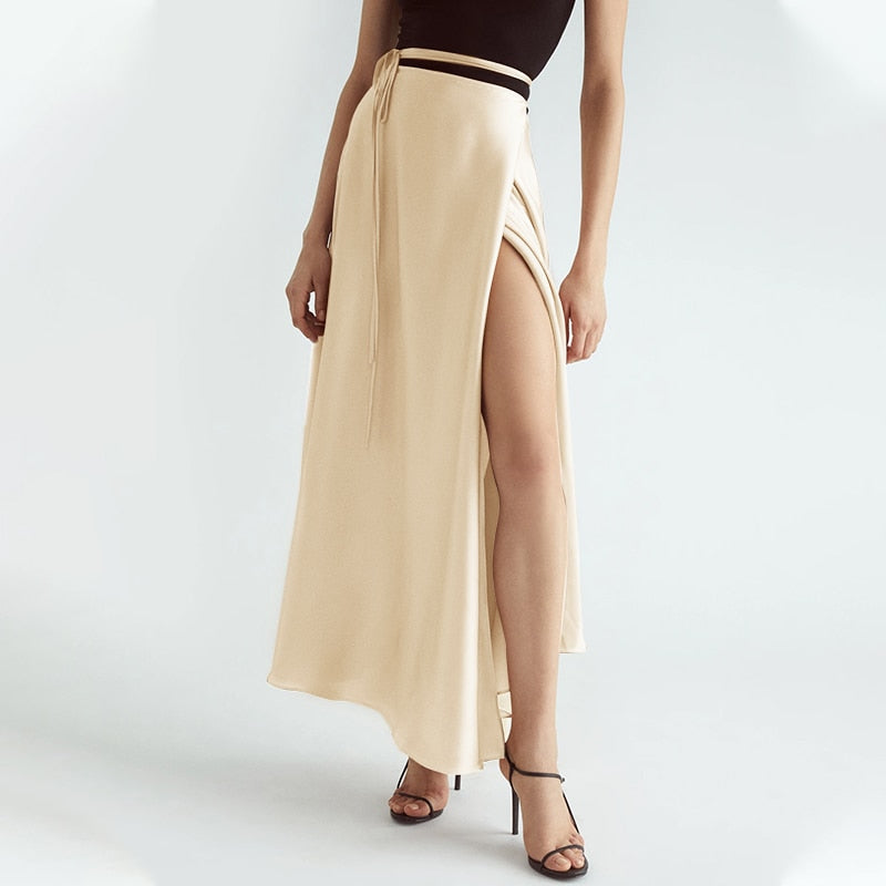 CHICDEAR 2023 Elegant Satin Maxi Skirt Women High Waist Party Skirts Fashion Bandage Skirt Casual OL Solid High Slit Long Bottoms