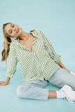 Chicdear Stylish Women's Classic-Fit Long Sleeve Lightweight Button Down Shirt  Vertical Stripes Oversize BF Style Top Blouses