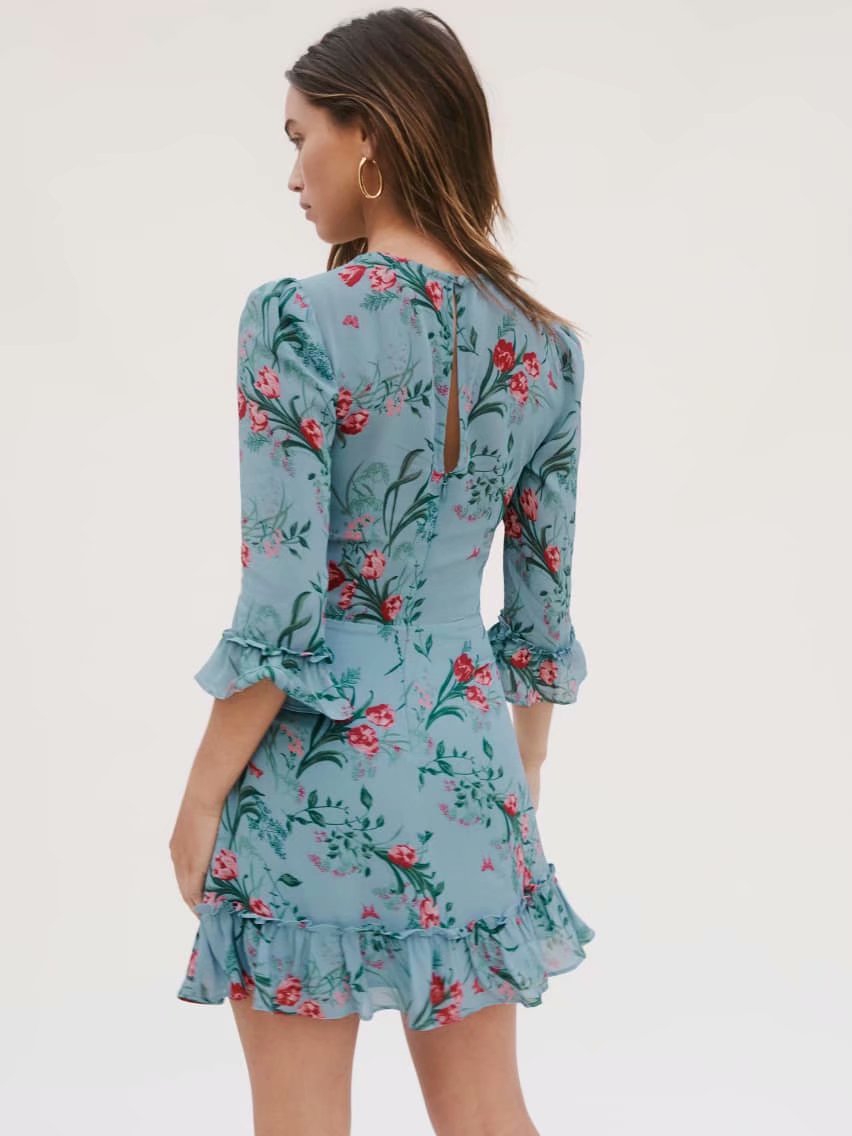 Chicdear Summer Fashion Dress O-Neck High Waist Ruffles Short Sleeves Floral Print Back Zipper Sling Mini Dress