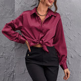 CHICDEAR Satin Basic Blouse Women Casual Loose Lapel Long Sleeve Shirts 2023 Spring Elegant Solid Color Tunics Fashion Silky Tops