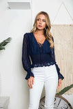 Chicdear Casual Cropped Blouse Shirt Sheer Autumn V-Neck Sexy Women Blouse Long Sleeve Holiday Female Ladies Tops 2023