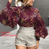 CHICDEAR 2023 Fashion Shirts Autumn Women Big Lantern Sleeve Bohemian Floral Print Blouse Casual Loose Stand Collar Elegant Tops