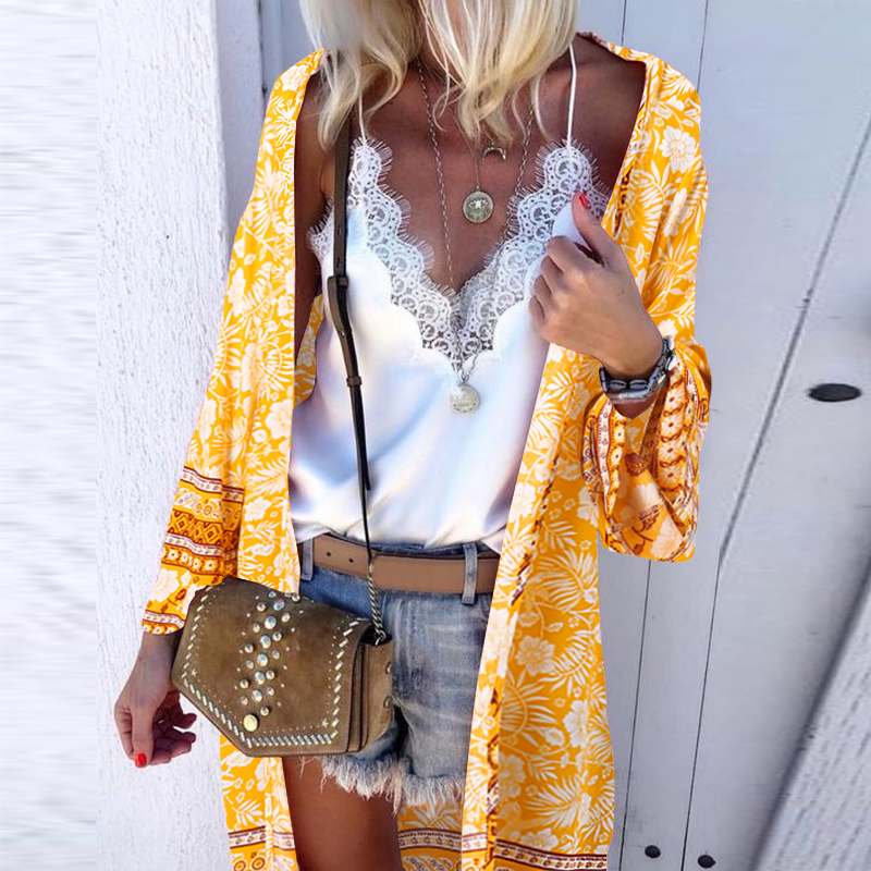 CHICDEAR 2023 Summer Floral Printing Kimono Holiday Women Bohemian Lightweight Beach Cover Up Fashion Casual Loose Cardigans Shirt