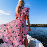 CHICDEAR Wrinkle-Free Pink Eyes Chiffon Dresses Sexy Short Sleeve 2023 Summer Beach Dress Women Beach Wear Swim Suit Cover Up D1