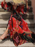 CHICDEAR 2023 Boho Printed  Ruffled Maxi Dress Sexy V-Neck Bishop Sleeve Club Party Dresses Elegant Tunic Women Summer Clothing A1226