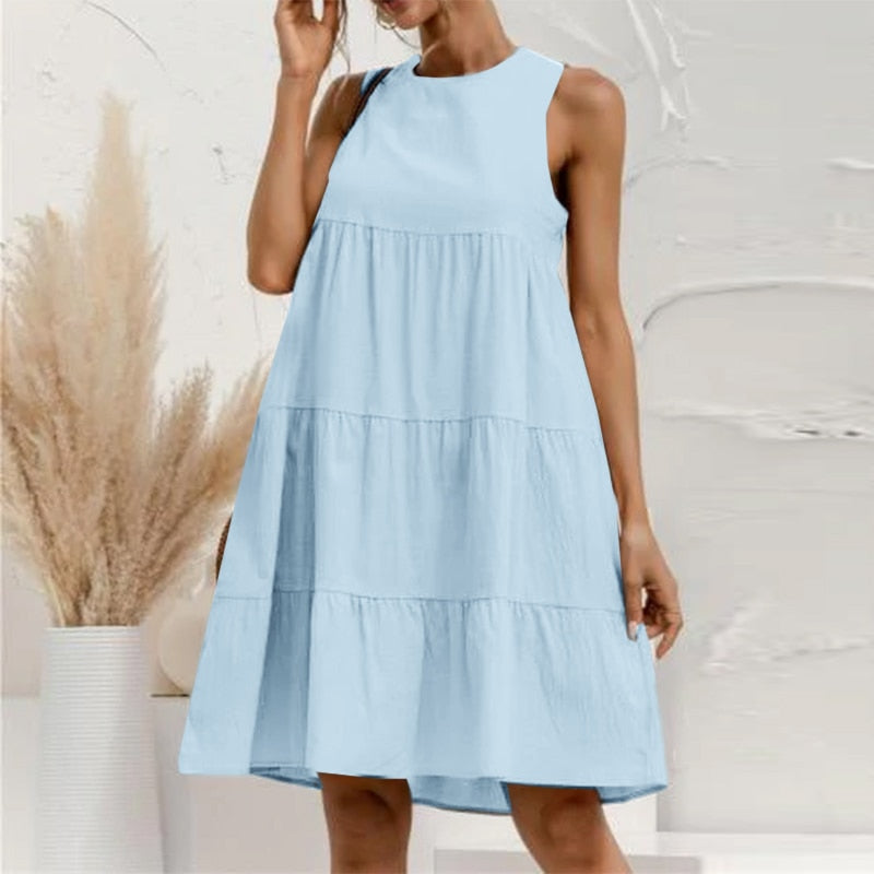 CHICDEAR 2023 Summer Women Mini Dress Solid Color O-Neck Dress Fashion Casual Tank Vestido Stitched Pleats A-Line Sleeveless Robes