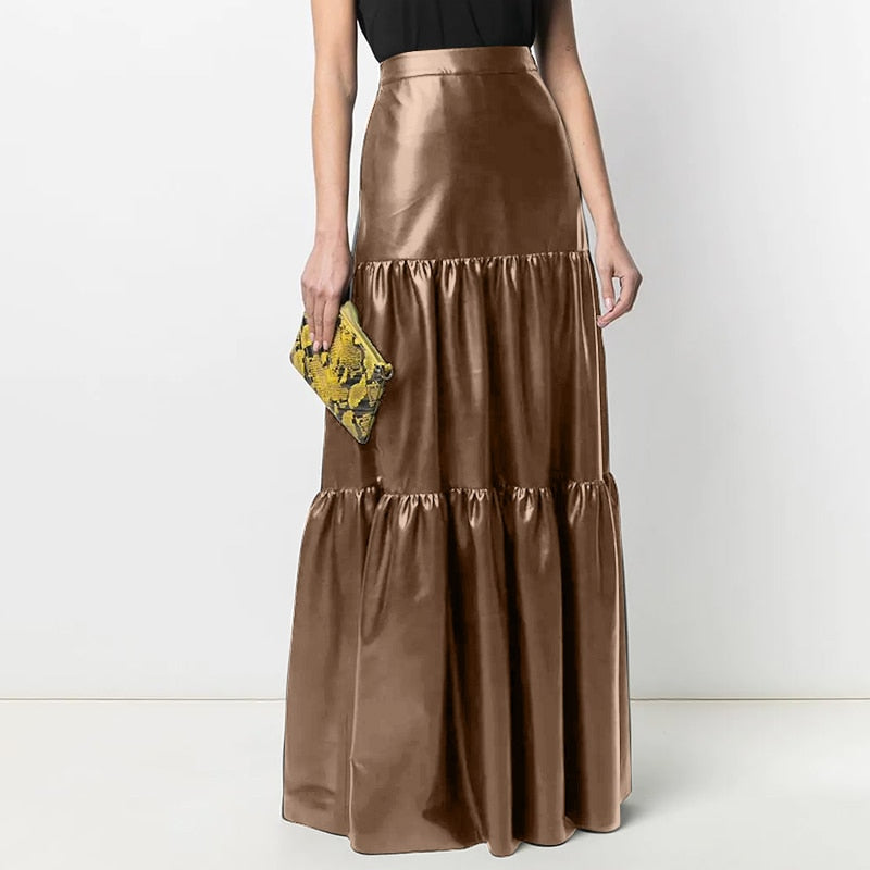 CHICDEAR Autumn Winter High Waist Long Skirts Solid Color Elegant Casual Pleated Faldas 2023 Fashion Women PU Leather Maxi Skirt