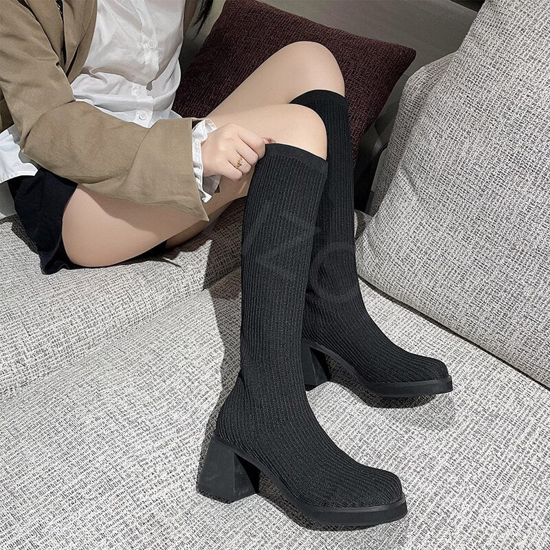 CHICDEAR Knitting Women Chelsea Knee High Heels Sock Boots Winter Chunky Shoes 2023 New Designer Sexy Weave Pumps Motorcycle High Botas