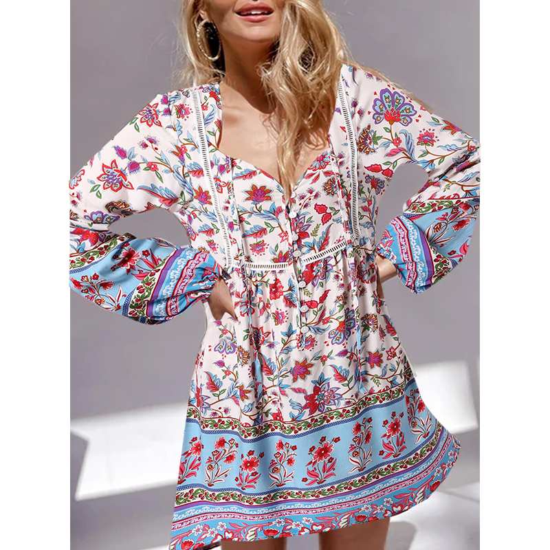 CHICDEAR Casual Floral Print Sundress Women V-Neck Holiday Lace Up Short Robes Mujer Bohemian Sexy Lantern Long Sleeve Mini Dress
