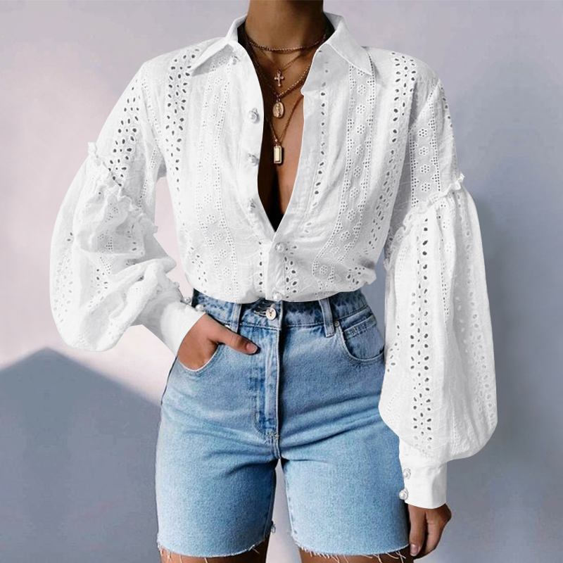 CHICDEAR Summer Lapel Shirt Single Breast Elegant Top Hollow Out Lace Solid Blouse Lantern Sleeve Holiday 2023 Fashoin Women Blusa